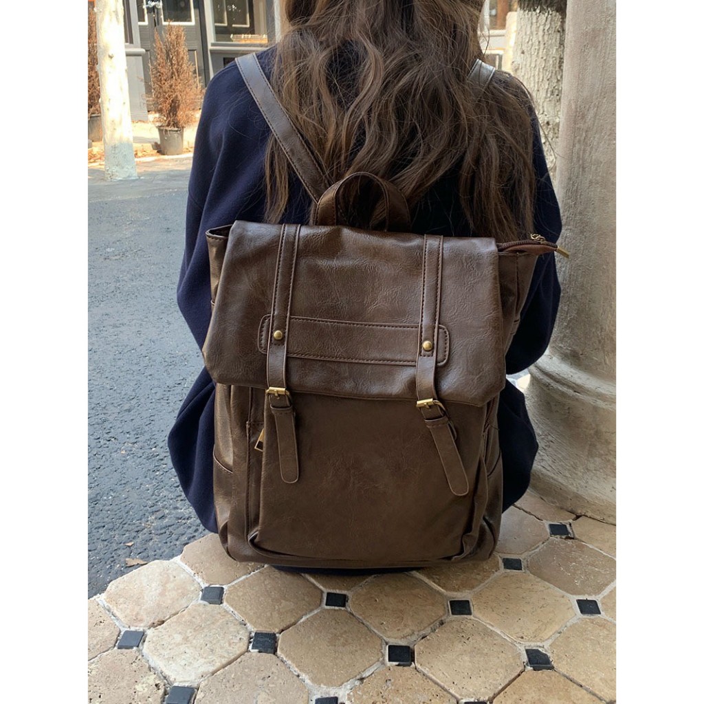 VK กระเป๋าเป้สะพายหลังสไตล์เกาหลี รุ่น Vi082 หนัง PU นิ่ม สีน้ำตาล จุของได้เยอะ ใส่แท็บเล็ตได้