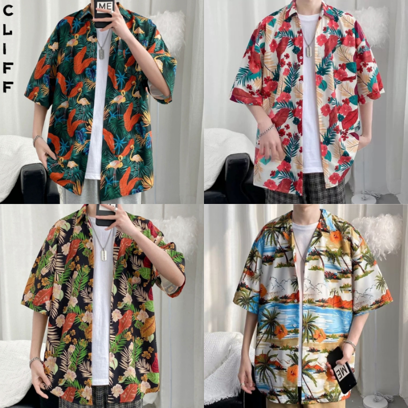 CLIFF เสื้อเชิ้ตผู้ชาย สไตล์ฮาวาย ผ้าบาง ๆ นุ่มและสะดวกสบาย การระบายอากาศ ไม่จำเป็นต้องรีด Floral