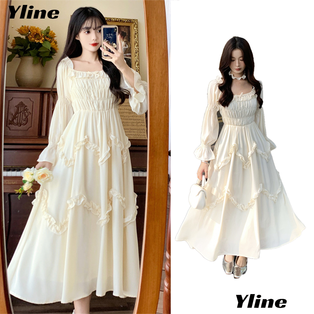 ชุดฝรั่งเศสแขนยาวนางฟ้ากระโปรงเอวผอมและอ่อนนุ่มกระโปรงสีขาว