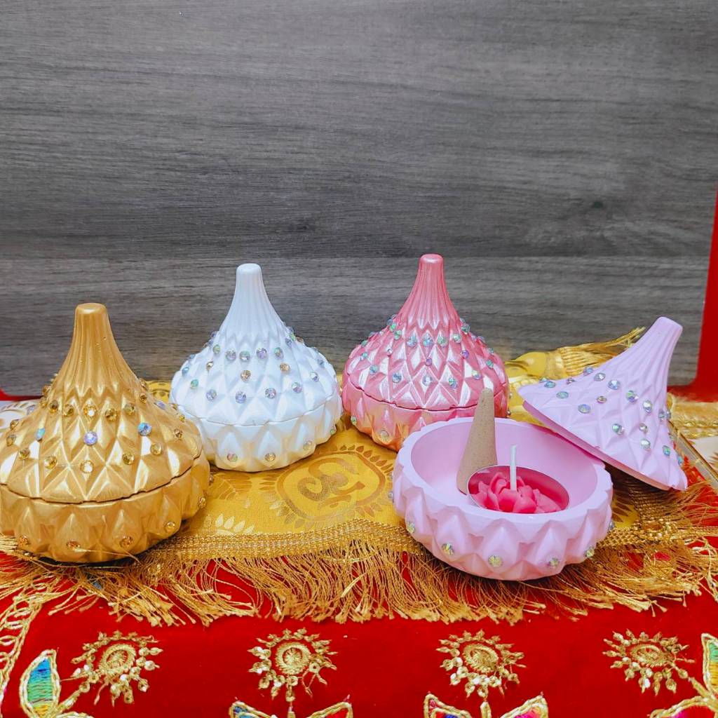 โถกำยานทรงโมทกะติดเพชร 4 สี ขาว ทอง ชมพูมุก ชมพูอ่อนพาสเทล วางจุดเทียน จุดกำยาน