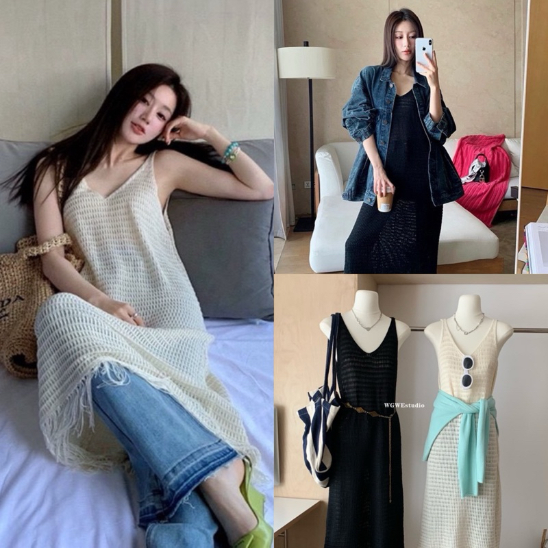 (พร้อมส่ง )เดรสยาวคอวีงานถักทั้งตัวรุ่น 8073 TAG WG.WE 🇰🇷🇰🇷
