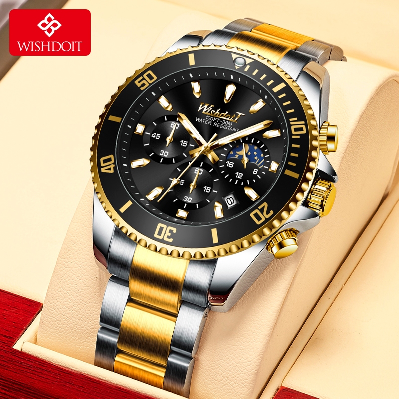 WISHDOIT นาฬิกาข้อมือชายแบบสามตาโครโนกราฟแท้ สแตนเลสสตีล กันน้ำ นาฬิกาสปอร์ตแฟชั่น นาฬิกาข้อมือผู้ชาย ชุดกล่องของขวัญ