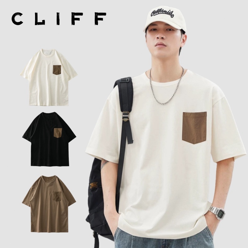 CLIFF เสื้อแขนสั้น เสื้อยืดโอเวอร์ไซส์ผู้ชายสไตล์เกาหลี มีกระเป๋า ระบายอากาศได้ดีใส่สบาย