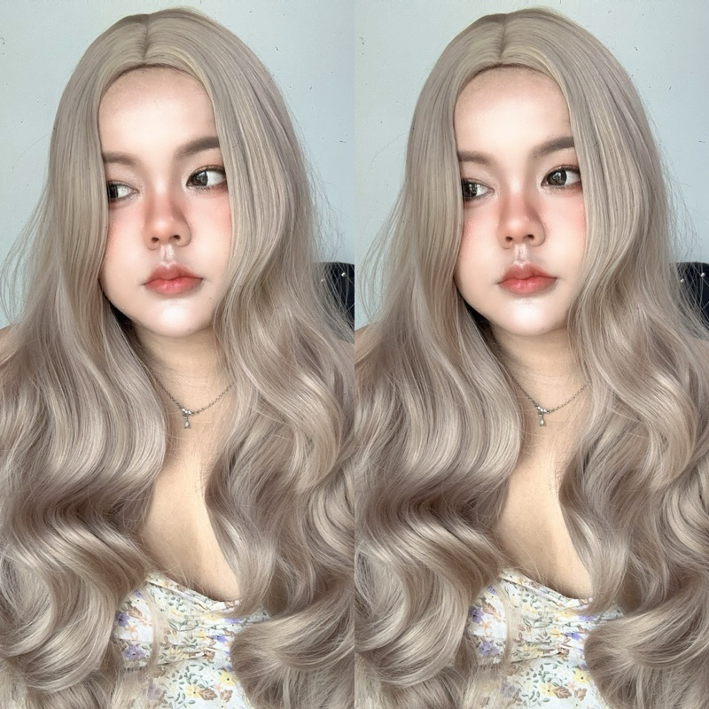 วิกผมแสกกลาง รุ่น Emma สีน้ำตาลบรอนซ์ขาวครีม วิกทอเครื่องผมลอนยาว 65-70ซม. แถมฟรี เน็ตคลุมผมแบบตาข่า