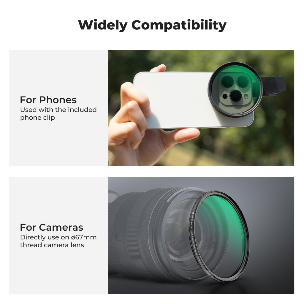 K&F CONCEPT 67mm mobile Phone clip black soft 1/4Filter mobile phone CPL Filter mobilePhone NDFilter