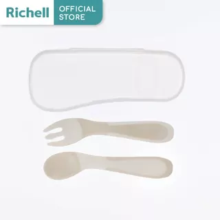 Richell(ริเชลล์)TLI Palm Grip Spoon&Fork with case ชุดฝึกจับช้อน-ส้อม เหมาะสำหรับเด็ก 7 เดือนขึ้นไป
