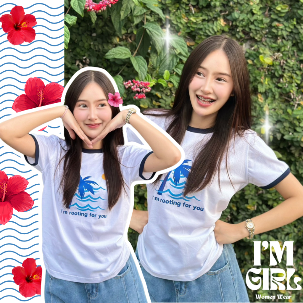 เสื้อยืด I'm girl  ธีมทะเล น่ารัก(เสื้อกุ๊นคอกุ๊นแขนสีกรม) เนื้อผ้าคอตตอน100%