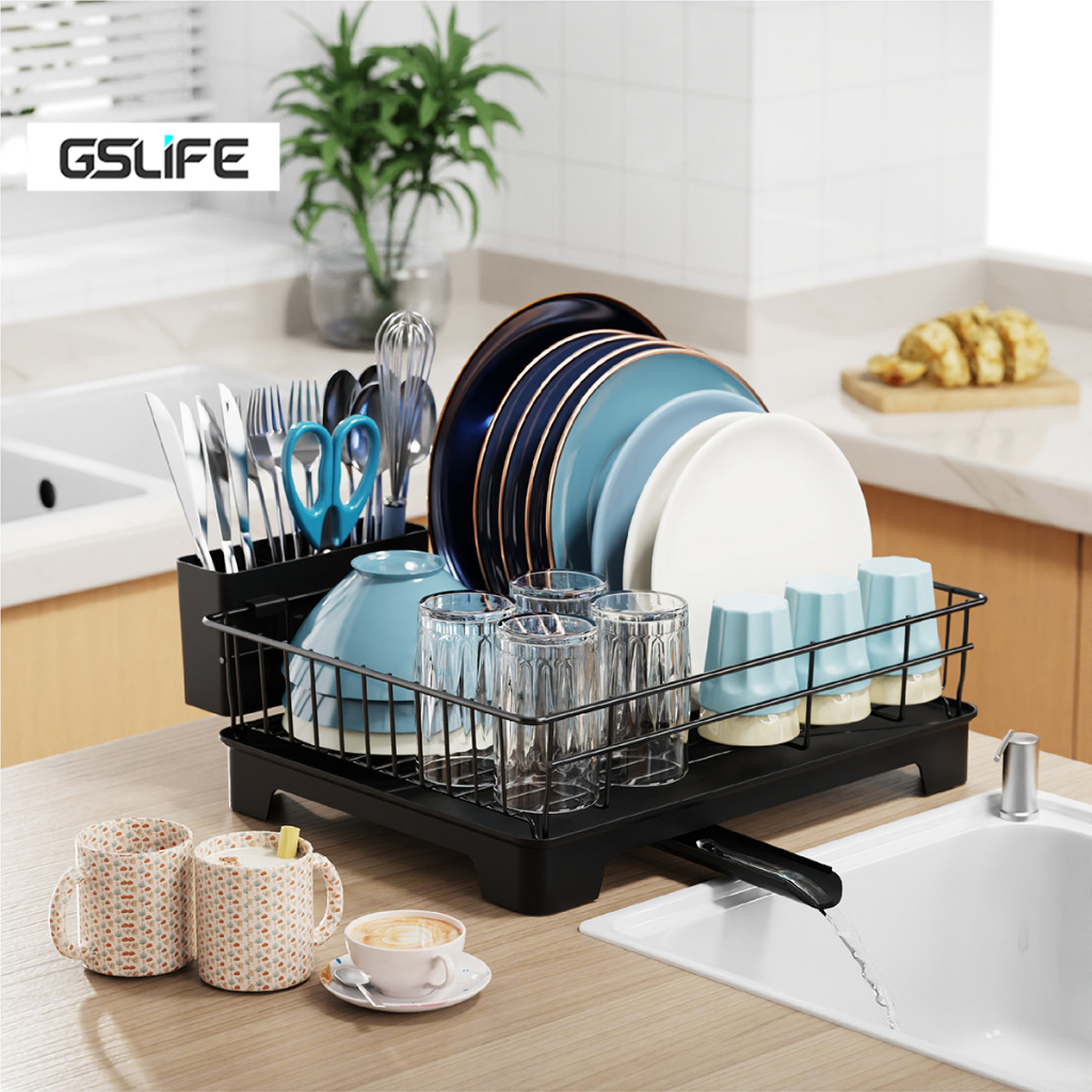 GSlife ชั้นวางจาน ถอดออกได้ ชั้นวางแก้ว ปรับขนาดได้ พร้อมถาดรองน้ำทิ้ง ระบบระบายน้ำอัตโนมัติ