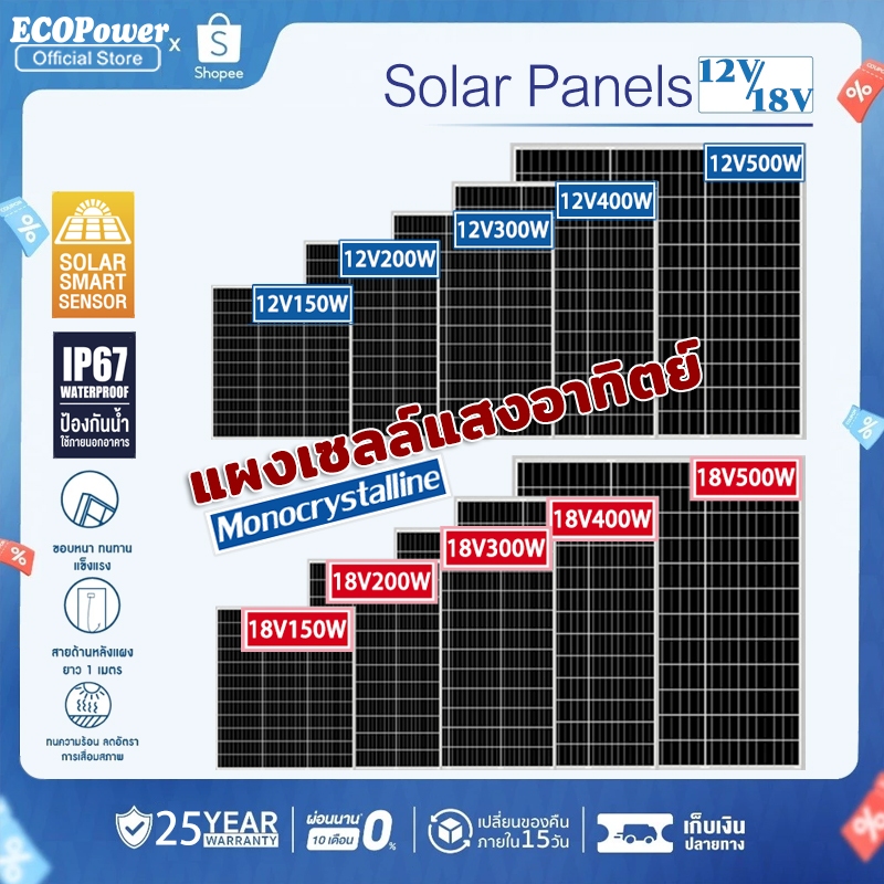 โมโนแผงเซลล์แสงอาทิตย์ 12V/18V Monocrystalline แผงเซลล์แสงอาทิตย์โมโนแผงเซลล์แสงอาทิตย์กันน้ำ