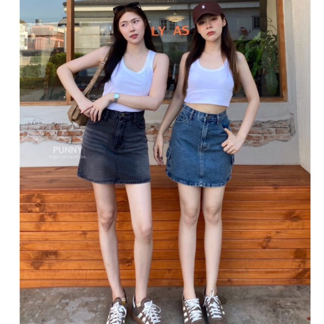💓 Punny Jeans⚡️⚡️ กระโปรงยีนส์สั้น น่ารักสุดๆ  แต่งกระเป๋าคาร์โก้