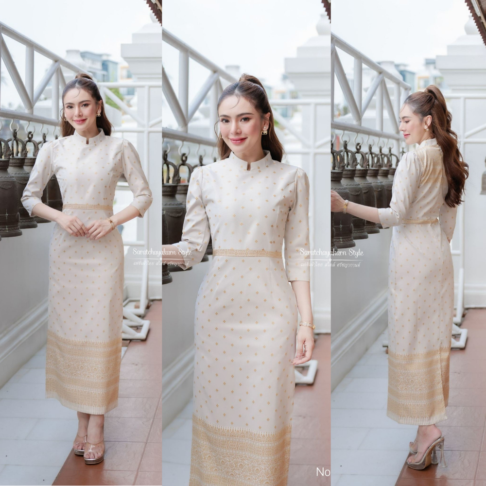ชุดเดรสผ้าไทย ทรงจิตรดา ผ้าทอลายปักทอง ทองนูน ขอบเอวทอง คอจีน แขนยาวศอก ผ่าหลัง ใส่ไปงานบุญสวยสุดๆ