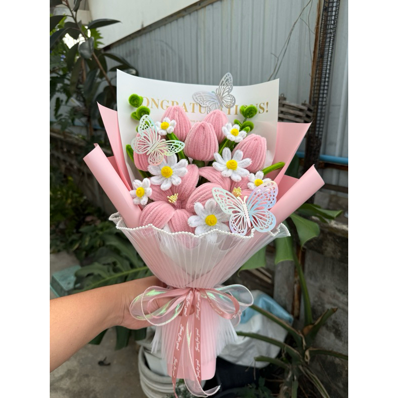 ช่อดอกทิวลิป+ลิลลี่สีชมพู ลวดกำมะหยี่ 🌷🌷สูง 48-50cm (จัดทำ1-2วัน)