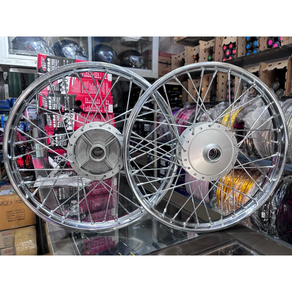 ชุดล้อ SUZUKI RC80-100-110 สวิง โรลเยล เบส วงล้อเหล็กยูเนี่ยนหน้า1.20หลัง1.40+ขึ้นซี่ลวดชุบเส้นใหญ่+ดุมเดิมสีบร์อน