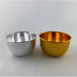 ขันน้ำพลาสติก ลายไทย 8ซม. สีเงิน-สีทอง แพค 10 ใบ