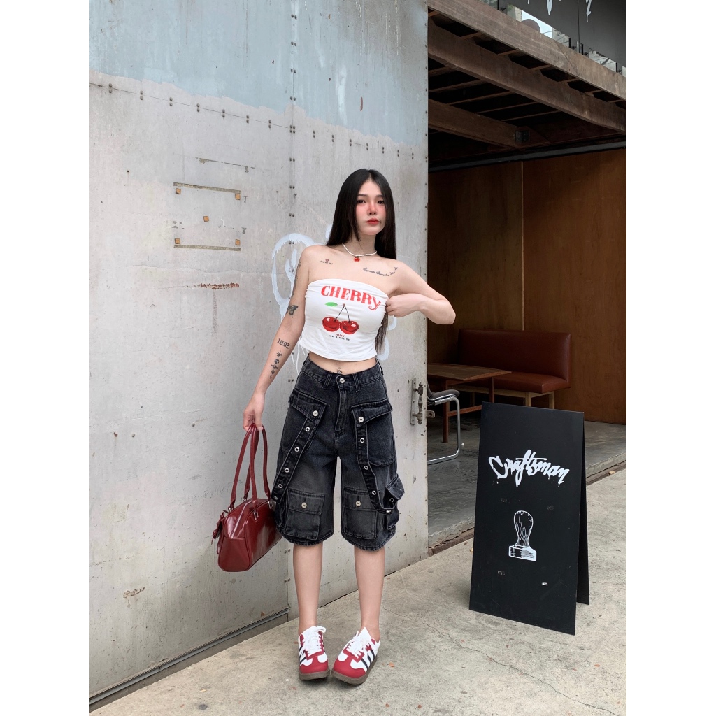 Bosdy Jeans รหัส BJ008 กางเกงยีนส์คาร์โก้ขาสี่ส่วน ผ้าไม่ยืด สีฟอกเฟดเทาดำกระเป๋าโค้ง