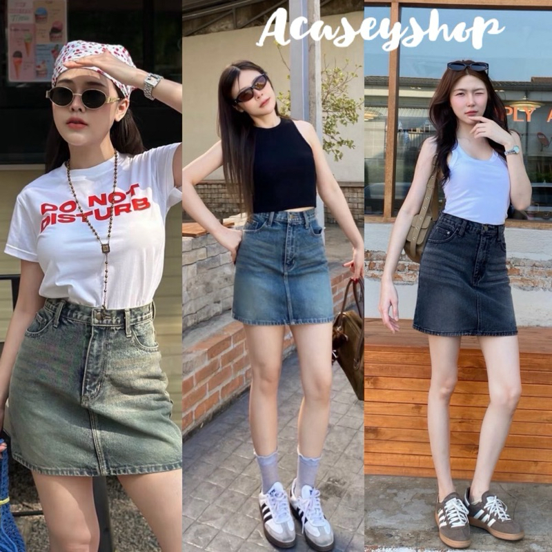 Acasey กระโปรง ผ้ายีนส์ ตัวสั้น ผ้าไม่ยืด PN สียีนส์ฟอกสวยสุดๆ ชิคๆ ไซส์ S - 5XL