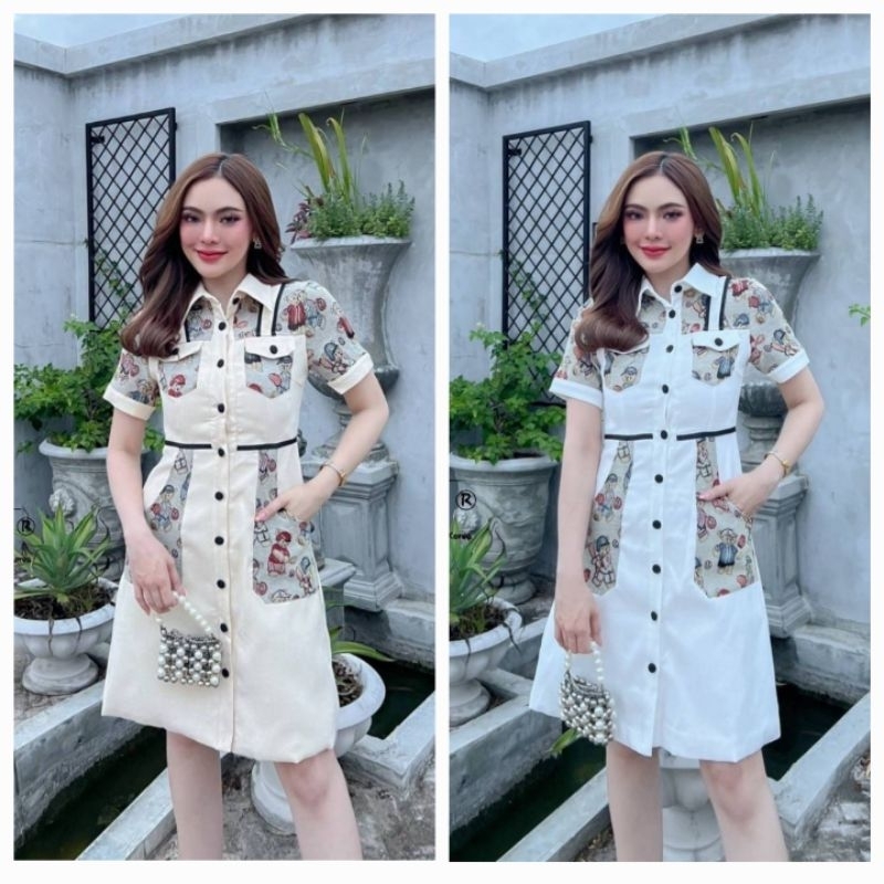 D7700💘ขาวมีS,M💘ครีมมีS-4xl[อกวัดดึงสุด]ยาว37"เดรสสั้นทอหมีพื้นลูกฟูก