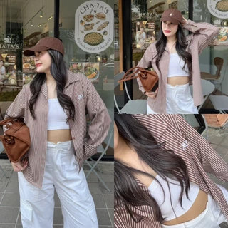 Candy Shirt เสื้อเชิ้ตงานปัก (ผ้าคอตตอนเชิ้ต) ลายริ้ว เสื้อเชิ้ตทรง Oversize สาวอวบใส่ได้ AOMMKOSHOP - S68 Women