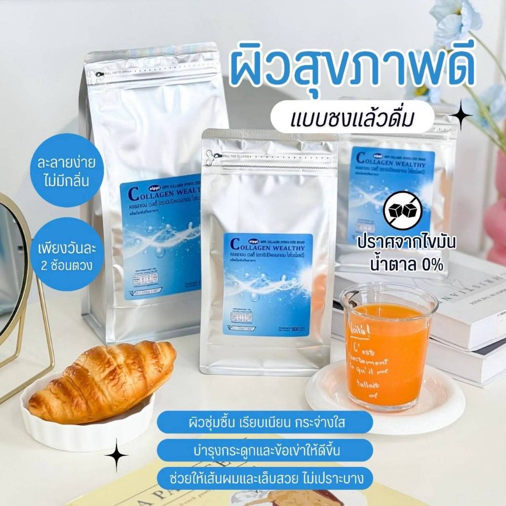 (ขายดี🔥) WEALTHY COLLAGEN ขนาด 250/500/1000 กรัม ไม่คาว ผิวใส ละลายไว คอลลาเจนพรีเมียม Nippi 100%