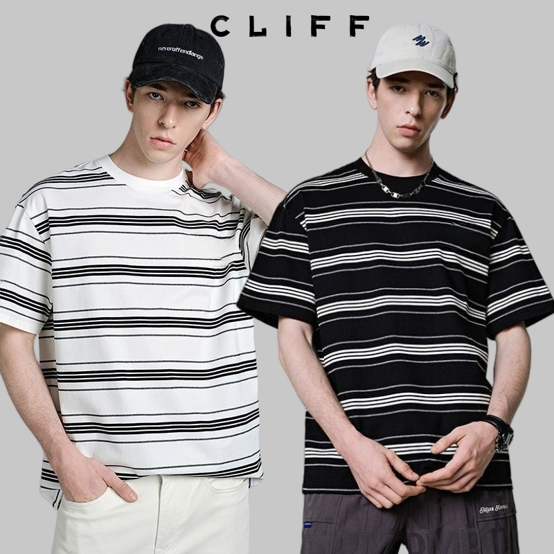 CLIFF แขนสั้นลายทาง วินเทจ เสื้อผ้าผู้ชาย ผ้าดีใส่สบาย สไตล์เกาหลี เสื้อผ้าแฟชั่น ความรู้สึกของการออกแบบ ใส่ได้ทั้งชายหญ