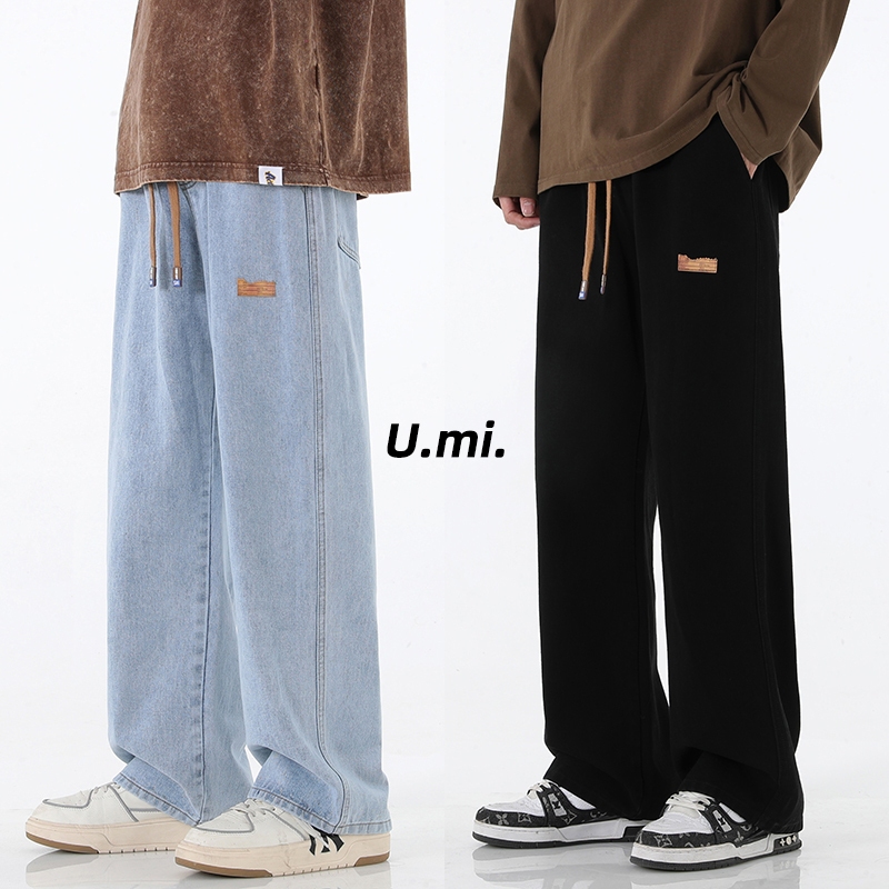 🌞Umi🌞กางเกงยีนส์ผู้ชาย เหมาะสำหรับทุกฤดูกาล เอวยางยืด แบบเรียบง่าย กางเกงผู้ชาย สไตล์เกาหลี Baggy Jeans ปรับเอวด้วยเชือก