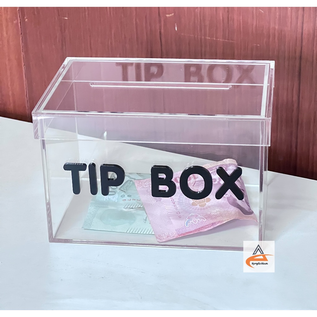 กล่องอะคริลิค Tip Box แบบฝาครอบ ขนาดกล่อง กว้าง 15 x สูง10 x ลึก10 cm พร้อมข้อความไดคัตด้านหน้า - รูปที่ 5