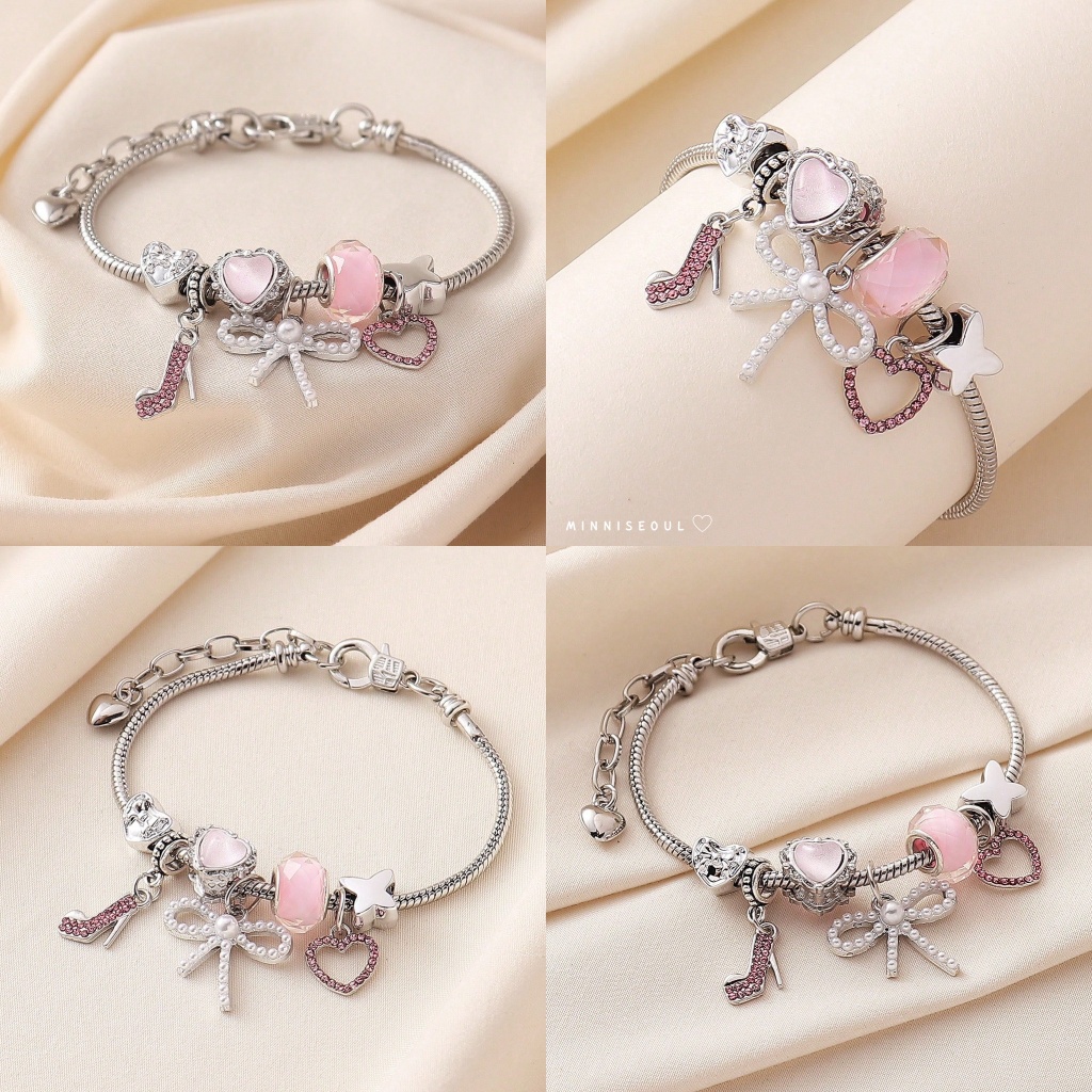 A110 สร้อยข้อมือ BEAUTIFUL BOW PINK SILVER สายปรับได้ ไม่ลอก ไม่ดำ จัดส่งทุกวัน