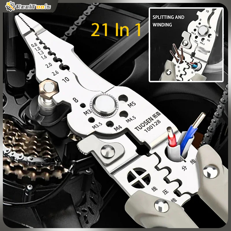 [21 IN 1]คีมปอกสายไฟ คีมช่างไฟฟ้าวัสดุสแตนเลส ตัดได้ทั้งสายอ่อนและสายแข็งคีมอเนกประสงค์ สามารถใช้เป็นประแจได้ด้วย