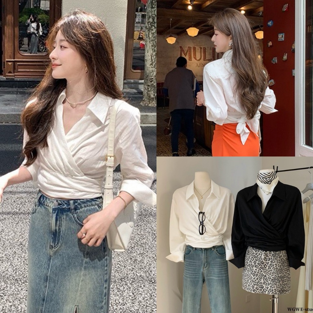 🧡🧵 🇰🇷 W3706 เสื้อเชิ้ตคอปก ช่วงเอวด้านหลังแต่งเชือก แฟชั่นเกาหลี TAG WG.WE 🧵🧡
