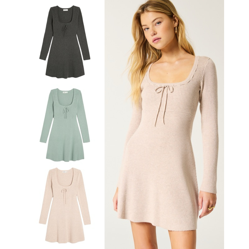 (ของแท้💯) Hollister sweater-knit skater mini dress เดรสแขนยาว ผ้าร่อง มี 3 สี