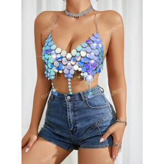 พร้อมส่งจากไทย เสื้อคล้องคอ ประดับเลื่อม วิ้งๆ โซ่เงินร้อยห่…