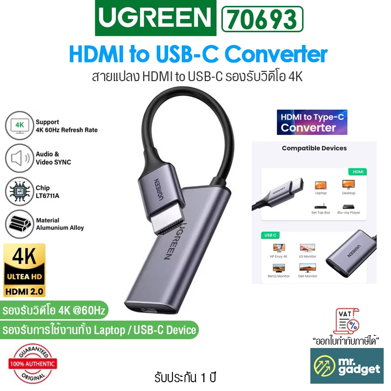 Ugreen 70693 สายแปลง HDMI To USB-C Converter รองรับวิดีโอ 4K / 60Hz For Laptop & USB-C Device