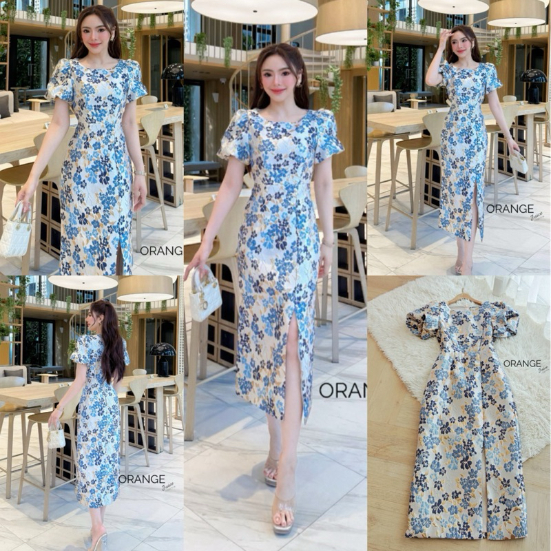 พร้อมส่ง S-2XL ป้าย Orange Juice เดรสยาว สีน้ำเงิน ลายดอกไม้ แขนพอง ชุดออกงาน