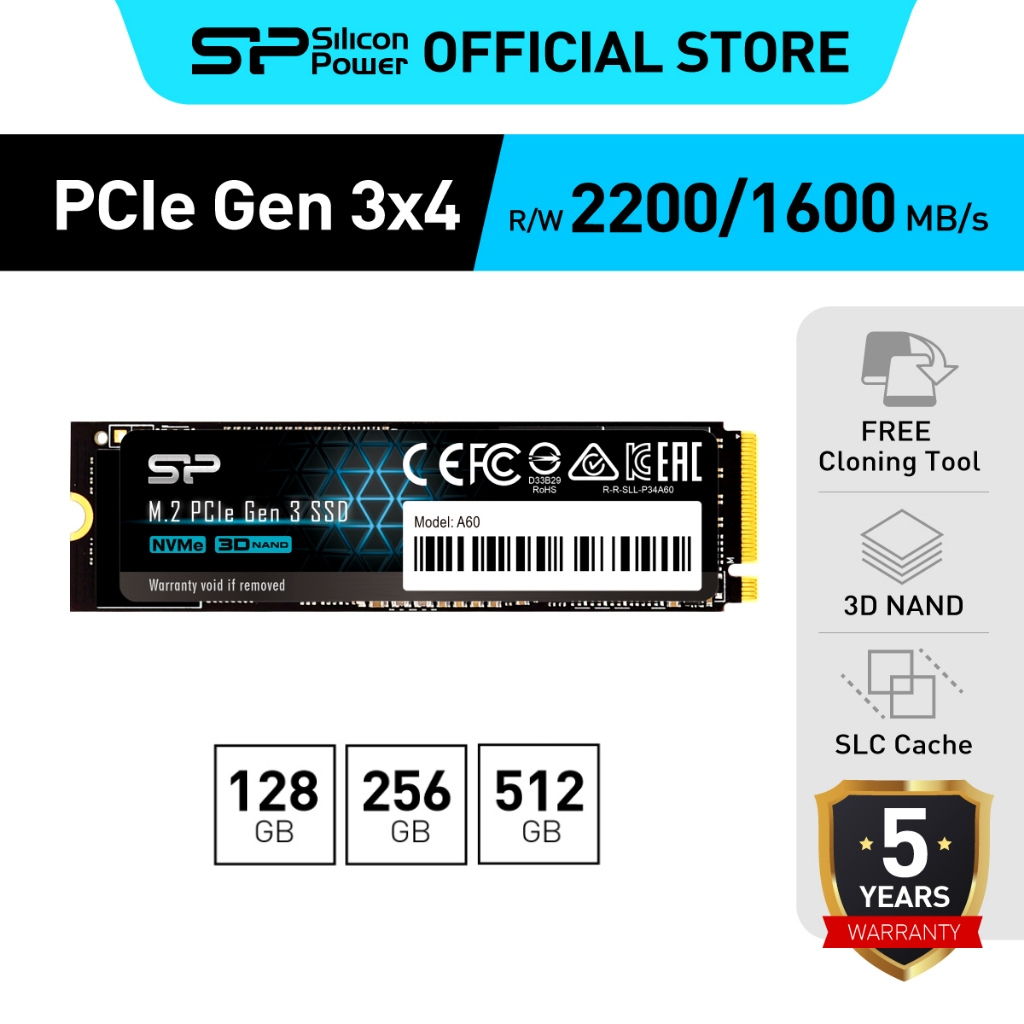 Silicon Power SSD M.2 NVMe P34A60 128/256/512GB PCIe Gen3x4 2280 สำหรับ Laptop/PC