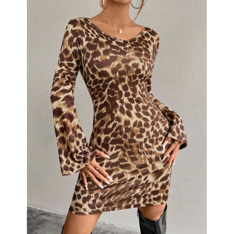 Inawly ชุดมินิแขนยาวรัดรูปลายเสือดาว