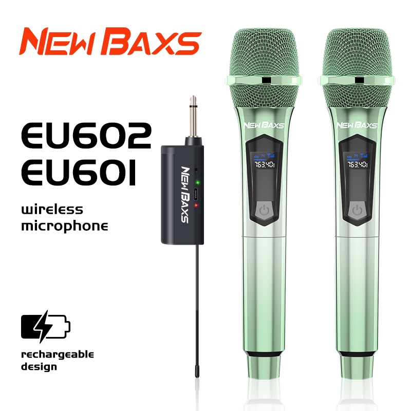 New Baxs ไมโครโฟนคู่ไร้สาย UHF รุ่นEU601/EU602ไมโครโฟนชาร์จแบบชุบสี ระยะ 5V 50 ม ฟุต สำหรับปาร์ตี้ ร้องเพลงคาราโอเกะ KTV