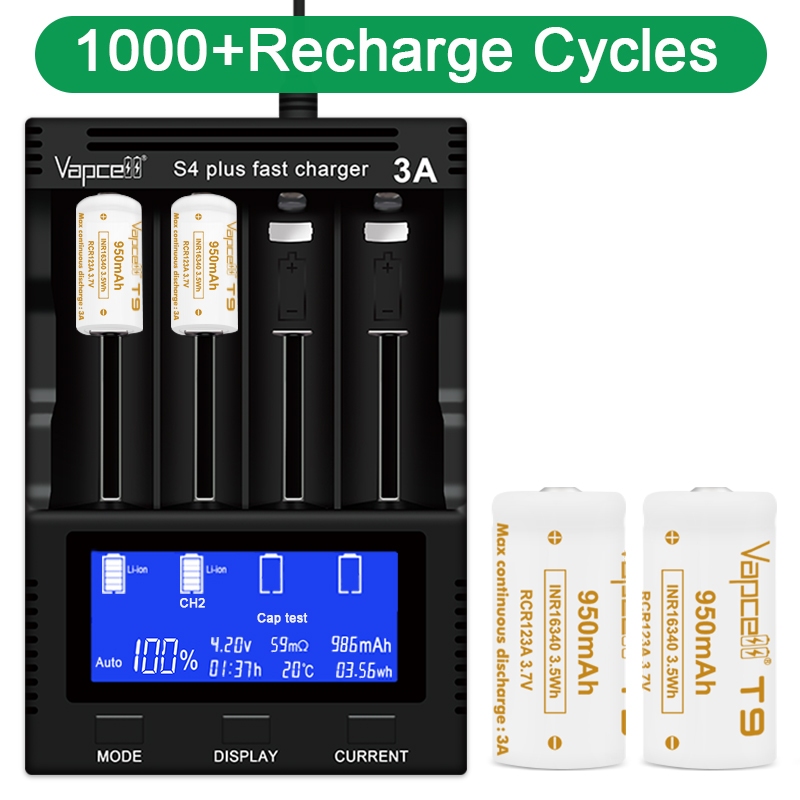 Vapcell ถ่านชาร์จ T9 16340 RCR123A 950mAh 3.7V แบตเตอรี่ลิเธียม ใช้กับไฟฉาย/กล้อง/ของเล่น