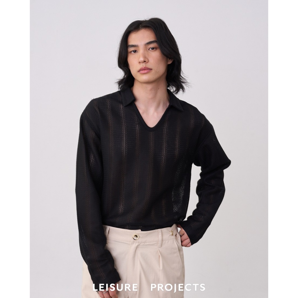 (Leisure Projects) BABY KNIT V-NECK LONG SLEEVE เสื้อโปโลเเขนยาวคอวี ตัดเย็บด้วยผ้าทอลาย Geometric กึ่งซีทรู ราคา ถูกที่สุด ดีลบีเคเค แกลเลอรีภาพที่ 3
