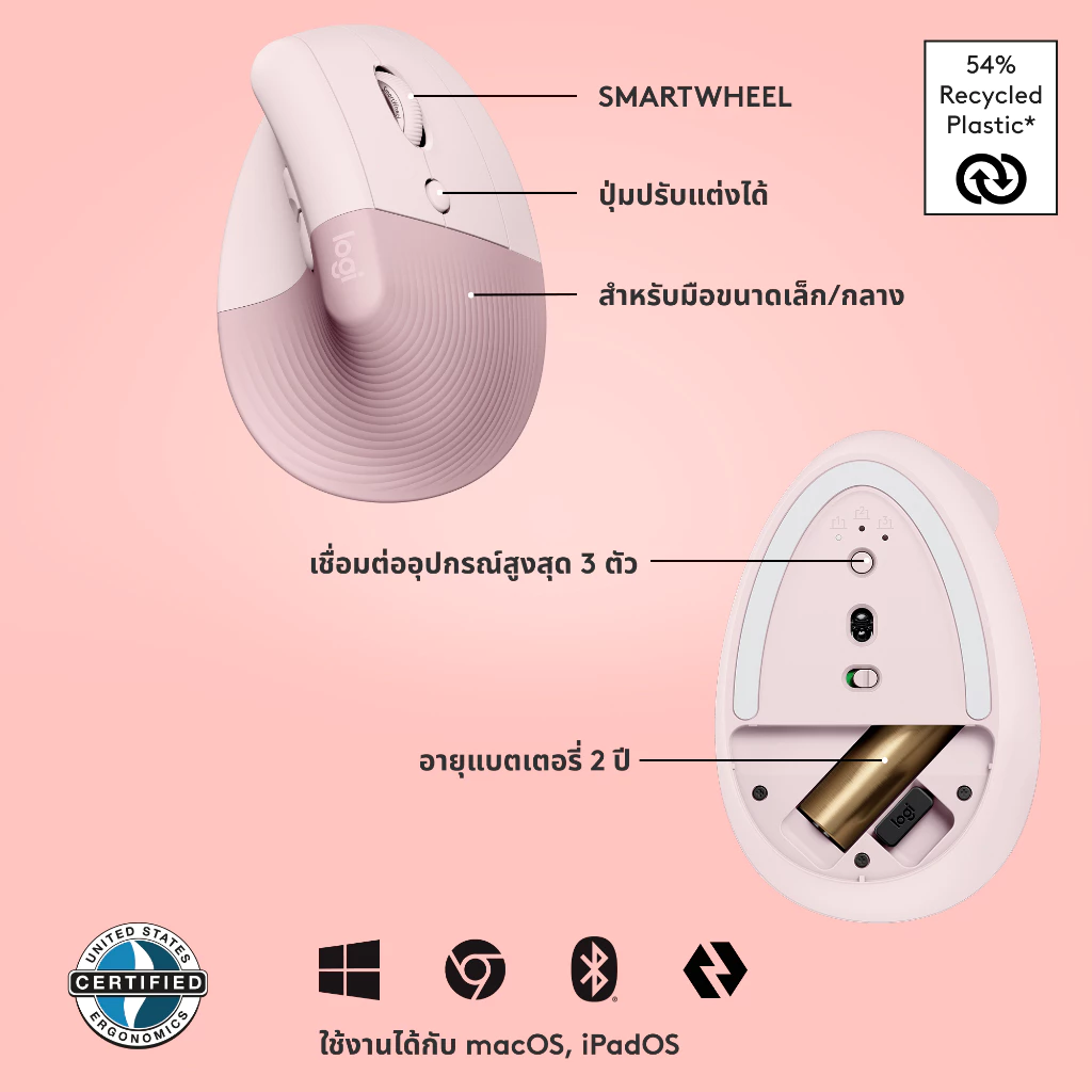 Logitech Lift Vertical Ergonomic Wireless Mouse (เมาส์ไร้สายเสียงเงียบเชื่อมต่อบลูทูธ ใช้ได้ทั้ง MAC และ Window) thumbnail 7