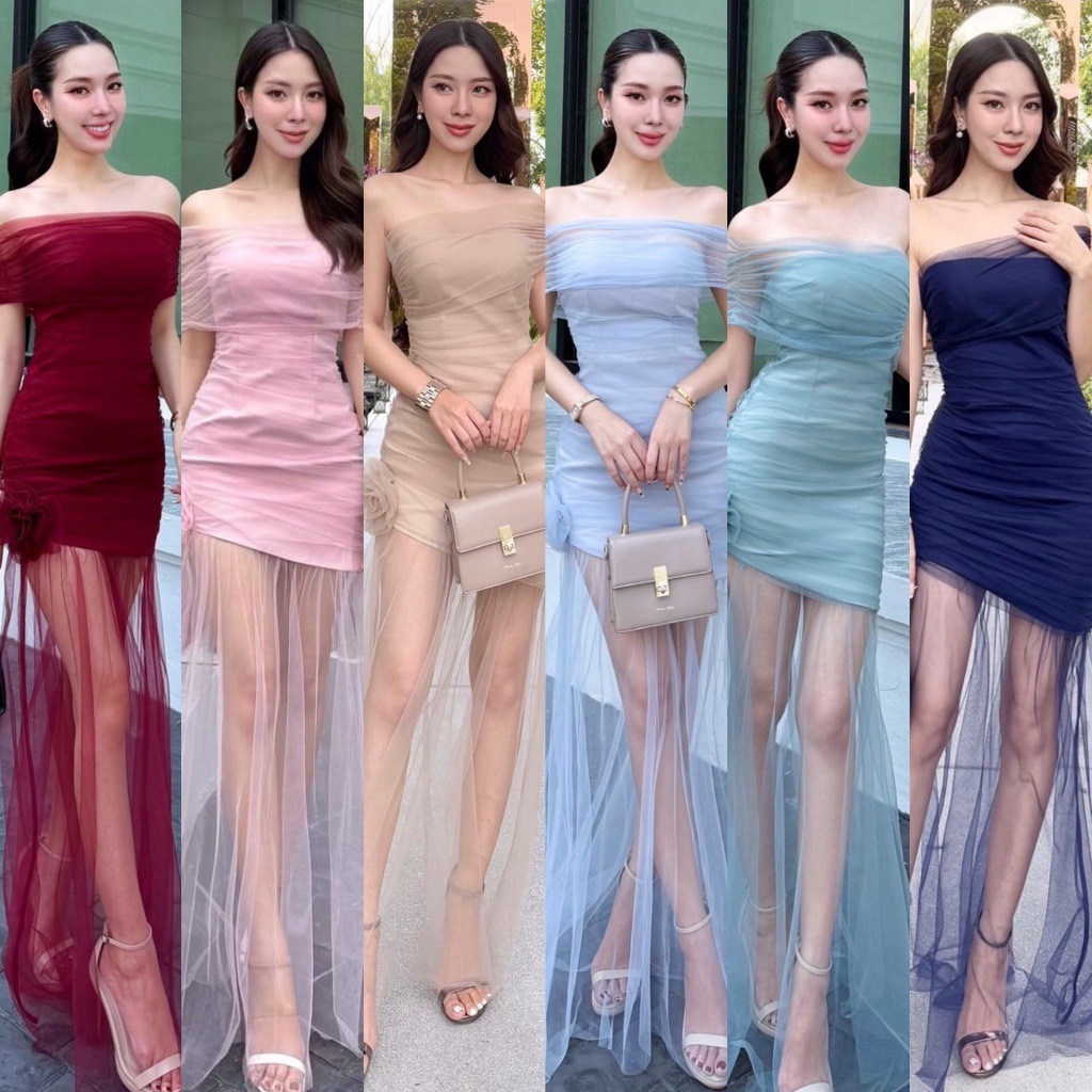 🚩ร้านโค้ดคุ้ม🚩 Stylista เดรสแต่งปาดไหล่ ประดับดอกไม้ ใส่ออกงาน งานแต่ง ดินเนอร์ สวย หรู ดูดี