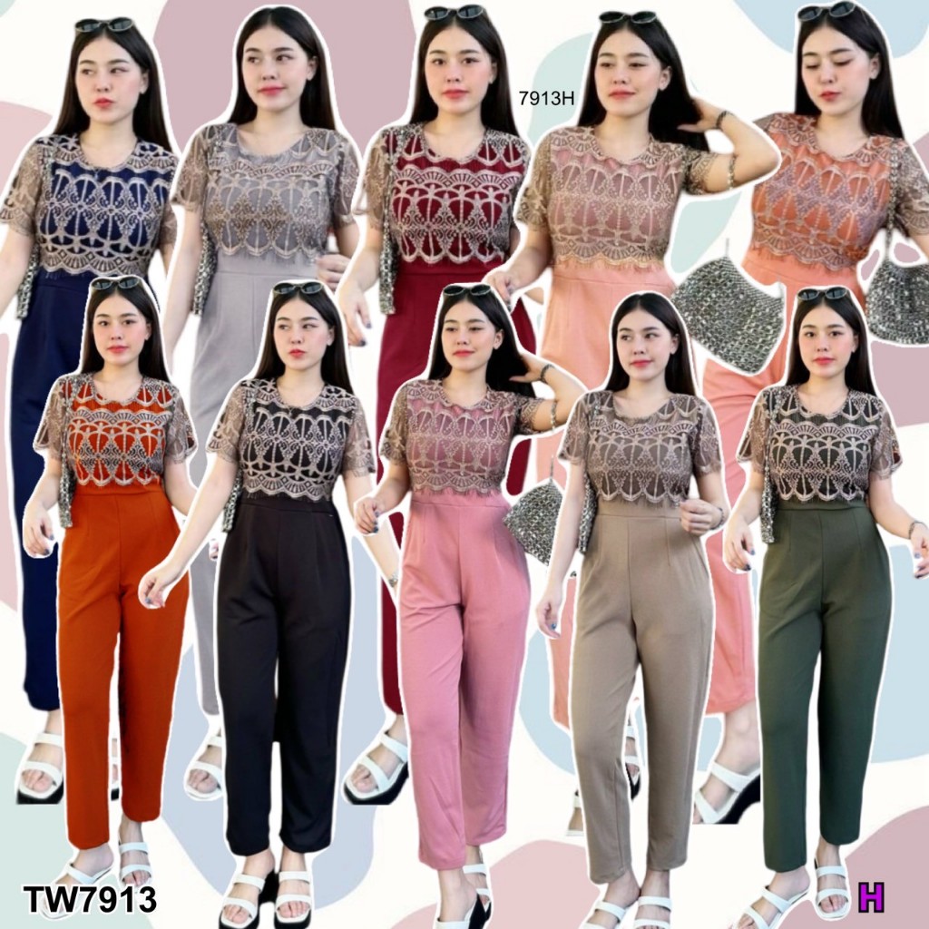 TwinsShopVip💗พร้อมส่ง TW7913 จั้มสูทขายาวลายลูกไม้มงกุฏ