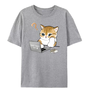 เสื้อยืดคอกลมแขนสั้น วินเทจ ลายแมวโน๊ตบุ๊ค ผ้านิ่มใส่สบาย ES-411