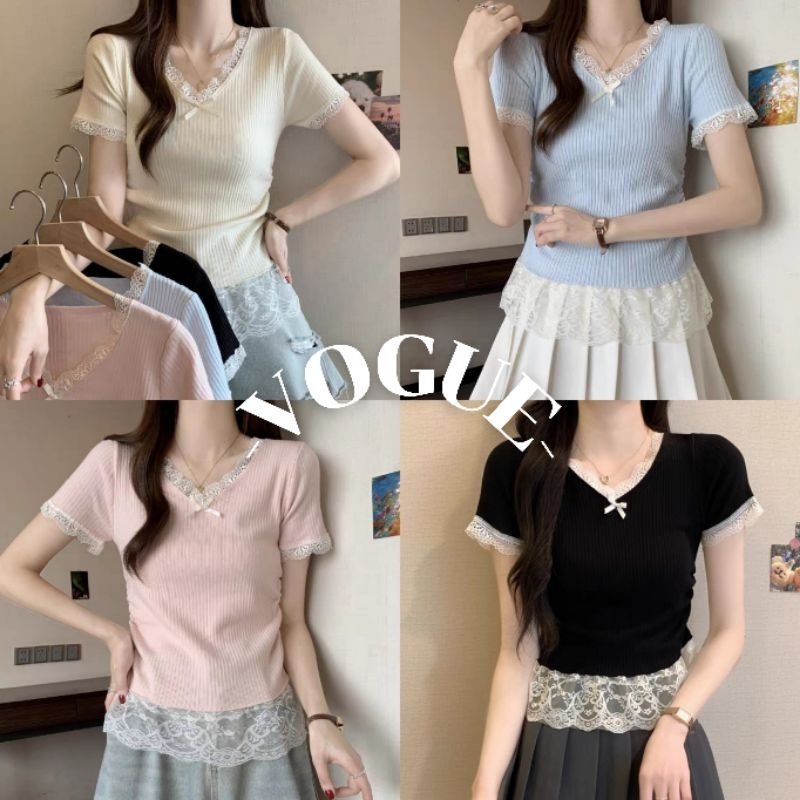 Vogue พร้อมส่ง  เสื้อแขนสั้นไหมพรม คอวีผ้าร่อง  แต่งลูกไม้ติดโบว์ (LYA649)