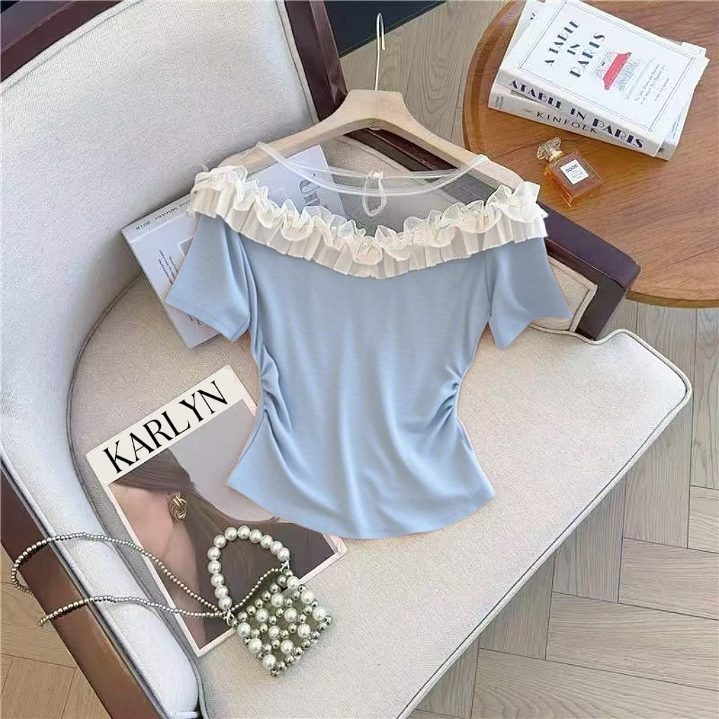 【Karlyn】FZ-SM-F85# เสื้อยืดผู้หญิง  งานคอแต่งซีทรูประดับมุก สไตล์แแฟชั่น