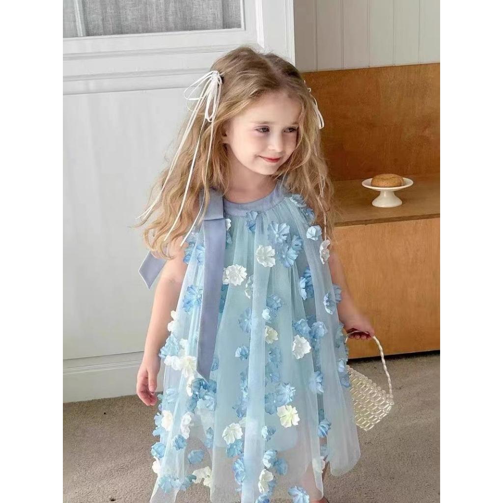 BW02 ชุดเดรสฤดูร้อนทารกเด็กผู้หญิงคอกลมแขนกุด3D ชุดเดรสผ้าตาข่ายผีเสื้อ