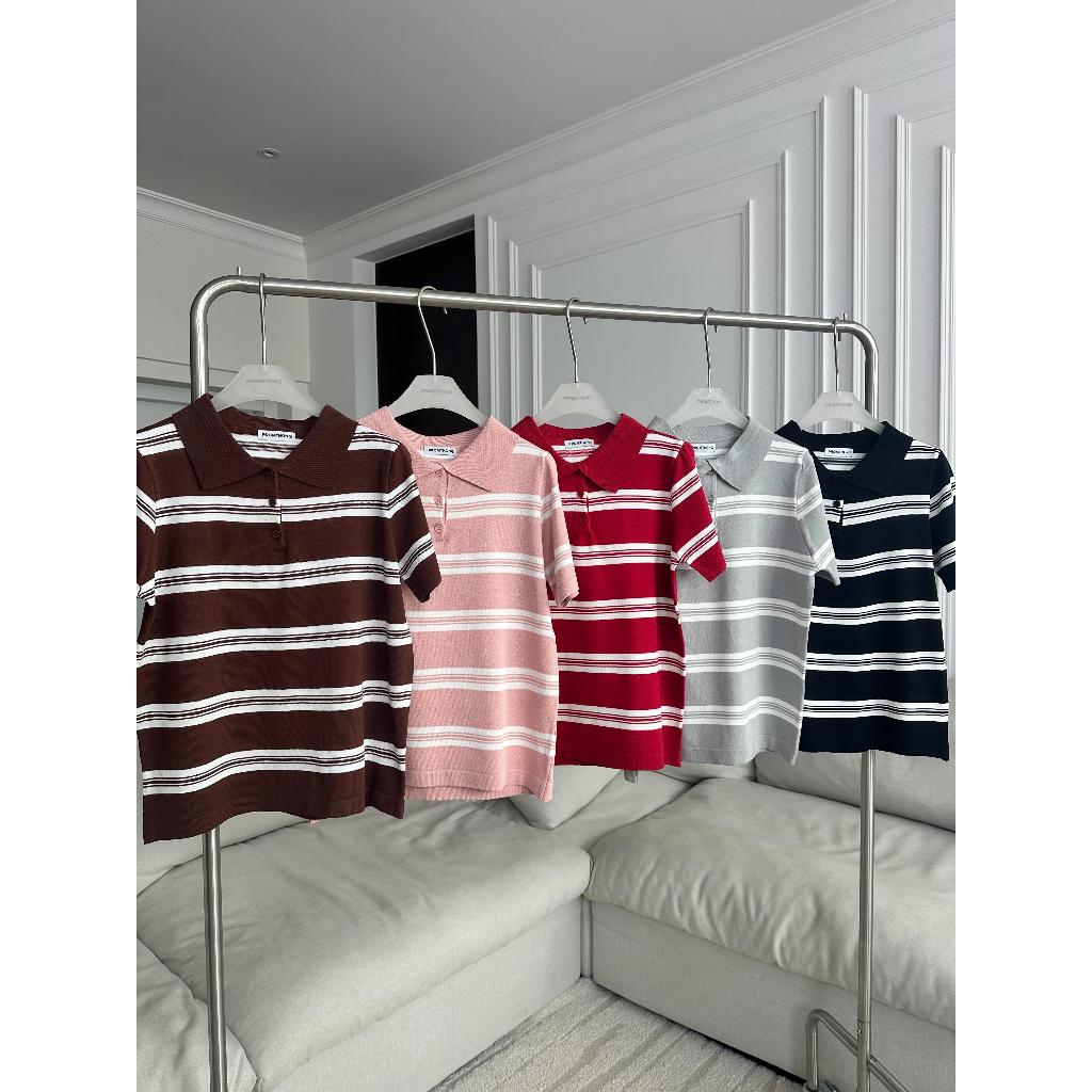 PTPL2814 เสื้อไหมพรมโปโลลายทาง PROMTHONG