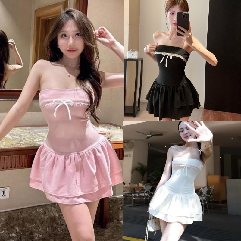 เดรสเกาะอก สีดำ เดรสออกงาน รอบอกแต่งลูกไม้ติดโบว์ กระโปรงทรงเอระบายสองชั้น ผ้าร่องยืดได้ Dress #1002