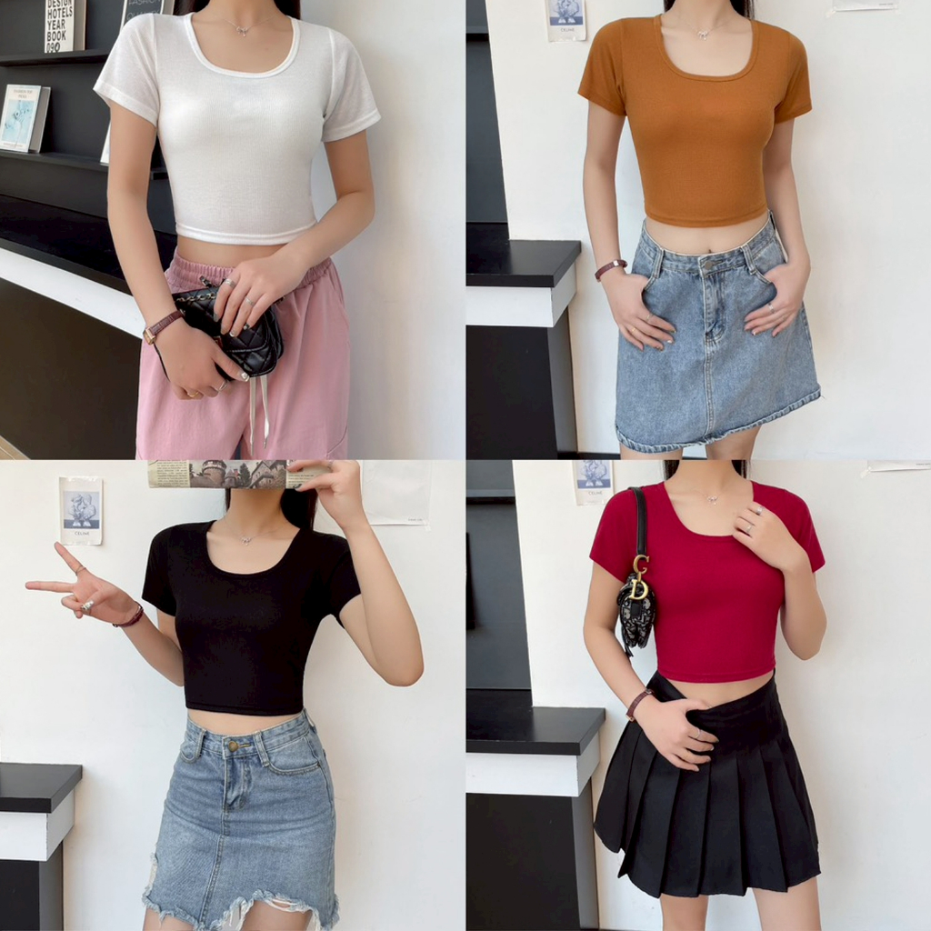 เสื้อครอป ผู้หญิง คอกลม แขนสั้น สีพื้น ทรงเข้ารูป เนื้อผ้าร่อง ดีไซน์สไตล์เกาหลี t4222#