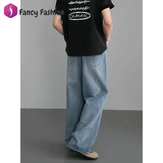 Fancy กางเกงยีนส์กระบอกใหญ่ กระบอกลิซ่า ยีนส์สนิมเขียวฟอก M-3XL
