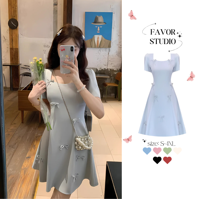 【S-5XL】เดรสสไตล์วินเทจ คอเหลี่ยม ดีเทลโบว์ แขนสั้น เอวเข้ารูป ทรงเอ เดรสสาวอวบ พลัสไซซ์ ใส่ออกงาน